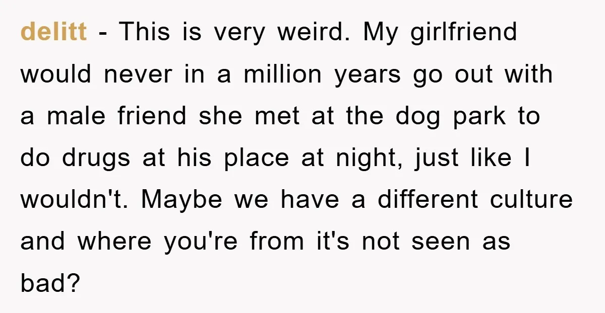 delitt − This is very weird. My girlfriend would never in a million years go out with a male friend she met at the dog park to do drugs at...