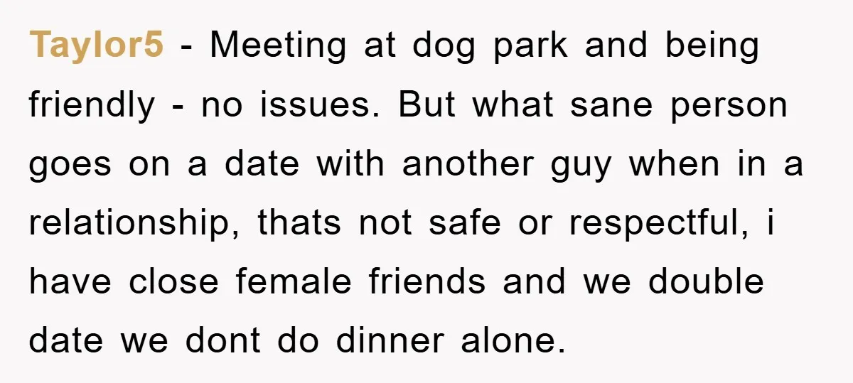 Taylor5 − Meeting at dog park and being friendly - no issues. But what sane person goes on a date with another guy when in a relationship, thats not safe...