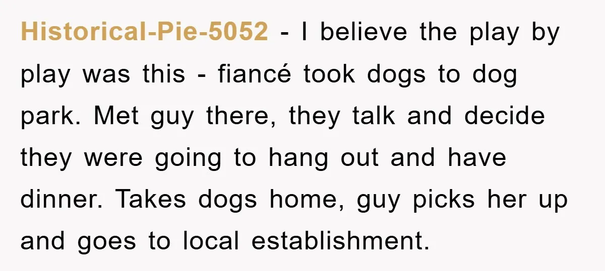 Historical-Pie-5052 − I believe the play by play was this - fiancé took dogs to dog park. Met guy there, they talk and decide they were going to hang out...