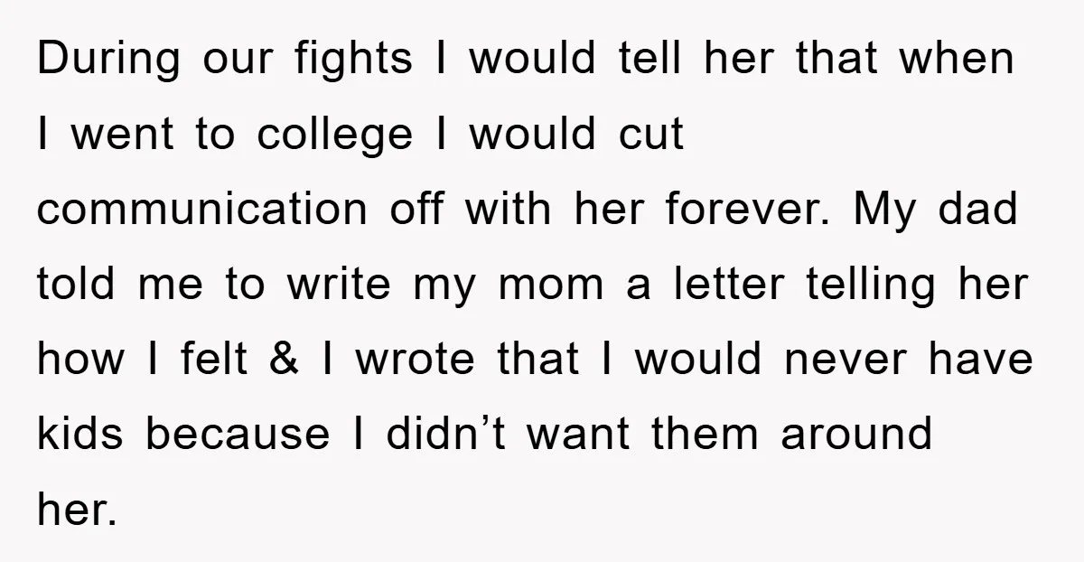 During our fights I would tell her that when I went to college I would cut communication off with her forever. My dad told me to write my mom a...
