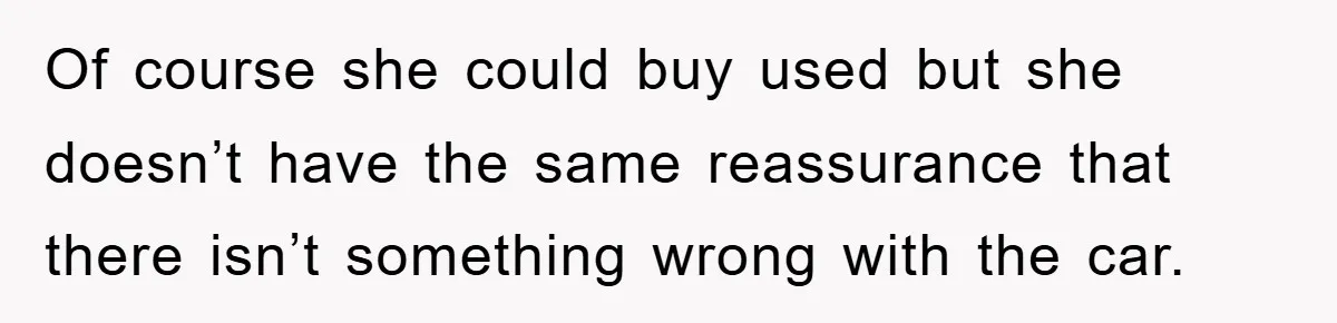 Of course she could buy used but she doesn’t have the same reassurance that there isn’t something wrong with the car.