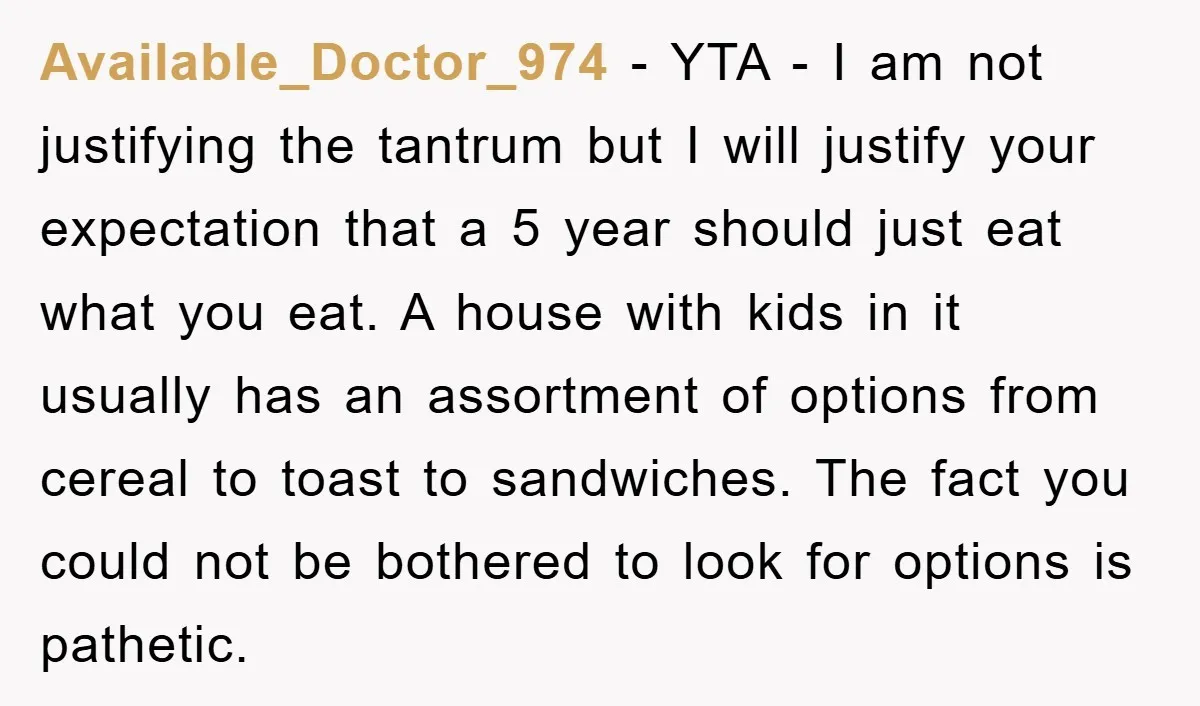 Available_Doctor_974 - YTA - I am not justifying the tantrum but I will justify your expectation that a 5 year should just eat what you eat. A house with kids...