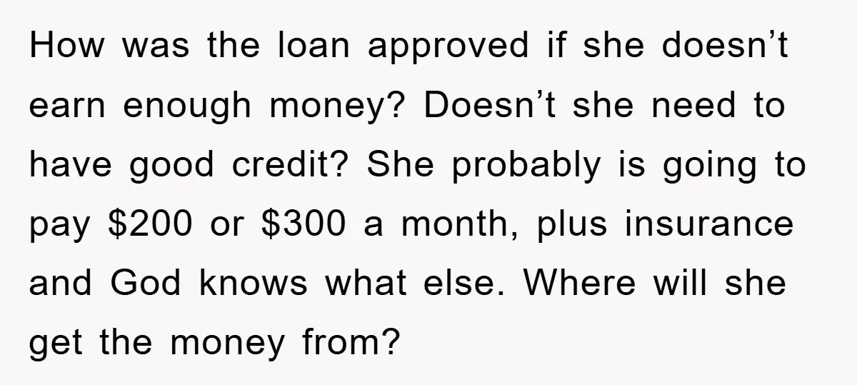 How was the loan approved if she doesn’t earn enough money? Doesn’t she need to have good credit? She probably is going to pay $200 or $300 a month, plus...