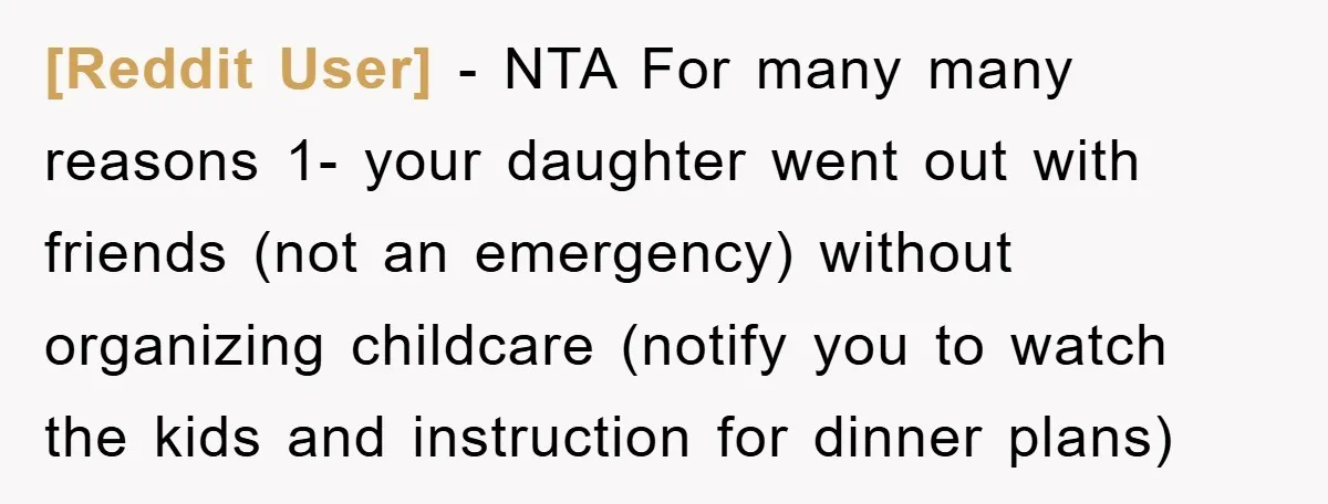 [Reddit User] - NTA For many many reasons 1- your daughter went out with friends (not an emergency) without organizing childcare (notify you to watch the kids and instruction for...