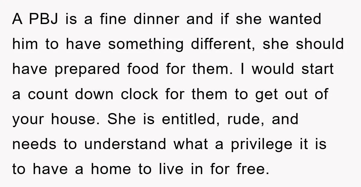 A PBJ is a fine dinner and if she wanted him to have something different, she should have prepared food for them. I would start a count down clock for...