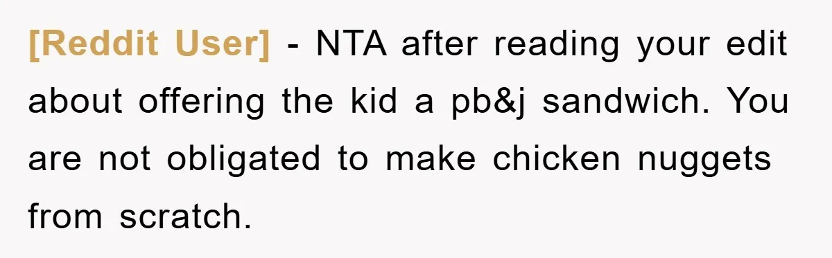 [Reddit User] - NTA after reading your edit about offering the kid a pb&j sandwich. You are not obligated to make chicken nuggets from scratch.