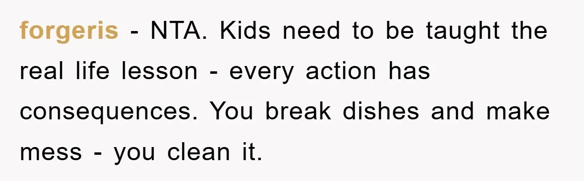 forgeris - NTA. Kids need to be taught the real life lesson - every action has consequences. You break dishes and make mess - you clean it.