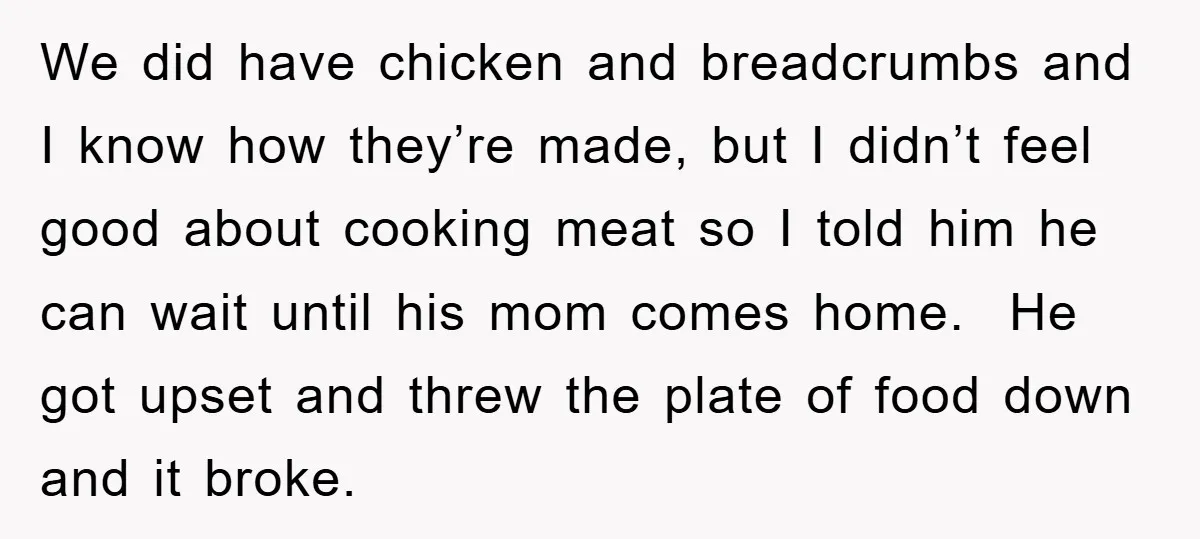 We did have chicken and breadcrumbs and I know how they’re made, but I didn’t feel good about cooking meat so I told him he can wait until his mom...