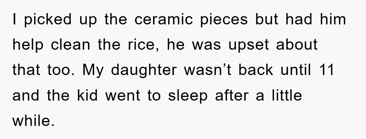 I picked up the ceramic pieces but had him help clean the rice, he was upset about that too. My daughter wasn’t back until 11 and the kid went to...