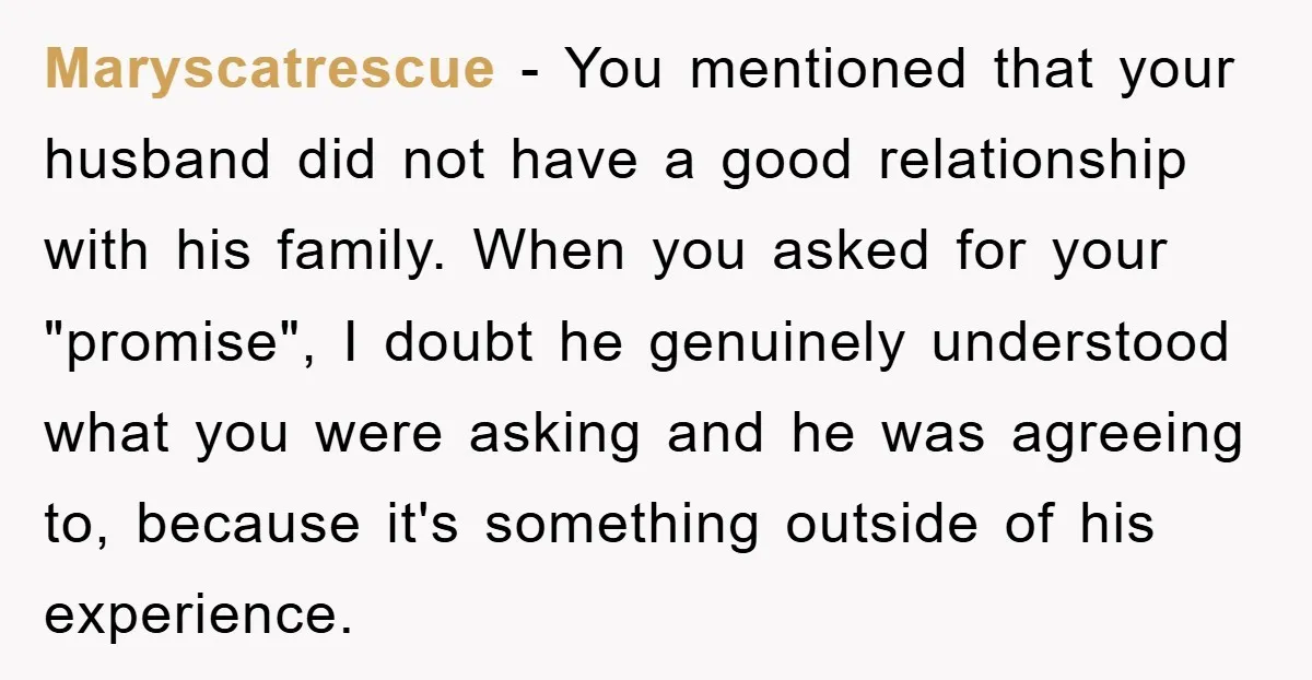 Maryscatrescue − You mentioned that your husband did not have a good relationship with his family. When you asked for your "promise", I doubt he genuinely understood what you were...