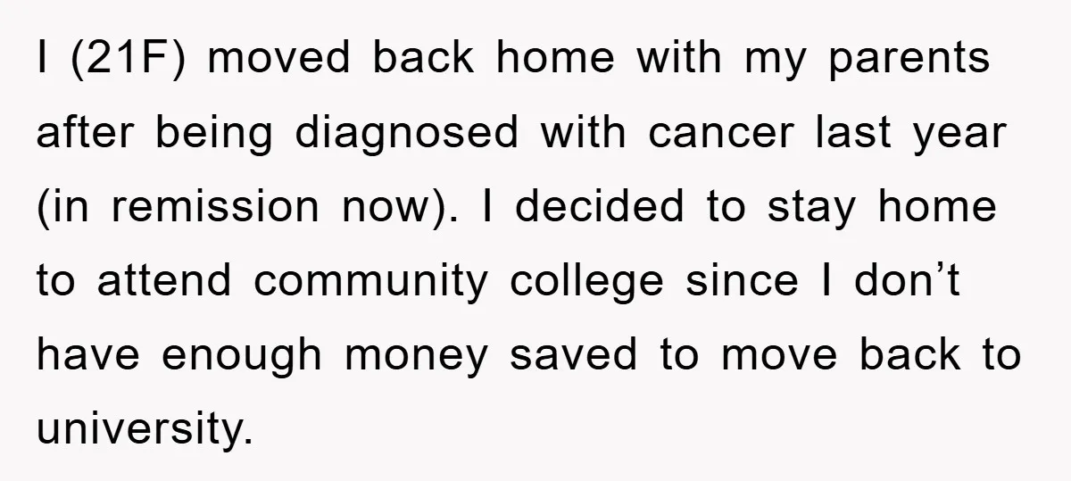 I (21F) moved back home with my parents after being diagnosed with cancer last year (in remission now). I decided to stay home to attend community college since I don’t...