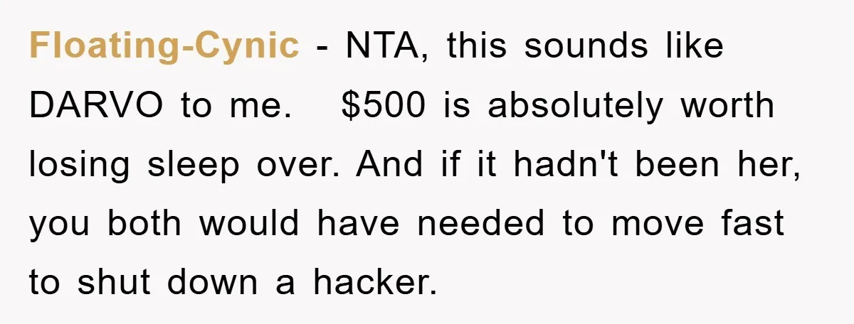 Floating-Cynic − NTA, this sounds like DARVO to me. $500 is absolutely worth losing sleep over. And if it hadn't been her, you both would have needed to move fast...