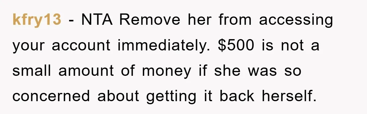 kfry13 − NTA Remove her from accessing your account immediately. $500 is not a small amount of money if she was so concerned about getting it back herself.