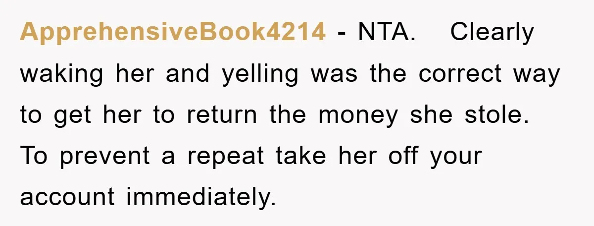 ApprehensiveBook4214 − NTA. Clearly waking her and yelling was the correct way to get her to return the money she stole. To prevent a repeat take her off your account...