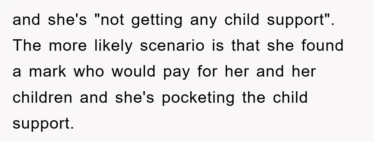 and she's "not getting any child support". The more likely scenario is that she found a mark who would pay for her and her children and she's pocketing the child...