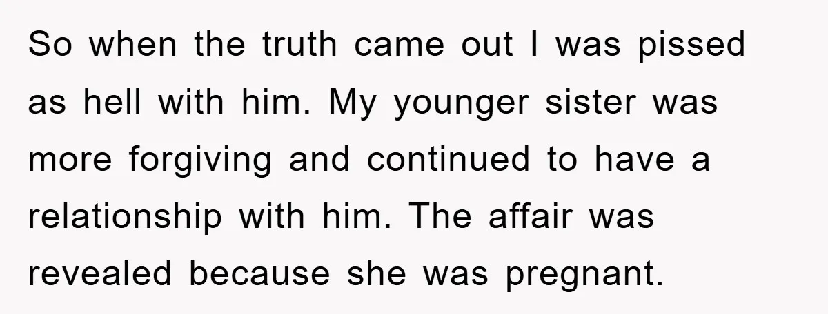 So when the truth came out I was pissed as hell with him. My younger sister was more forgiving and continued to have a relationship with him. The affair was...