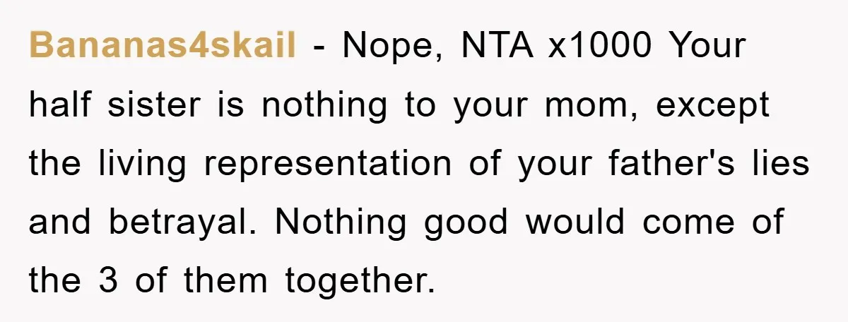 Bananas4skail − Nope, NTA x1000 Your half sister is nothing to your mom, except the living representation of your father's lies and betrayal. Nothing good would come of the 3...