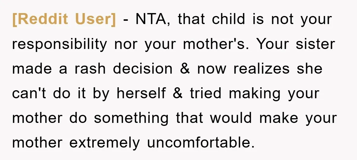 [Reddit User] − NTA, that child is not your responsibility nor your mother's. Your sister made a rash decision & now realizes she can't do it by herself & tried...