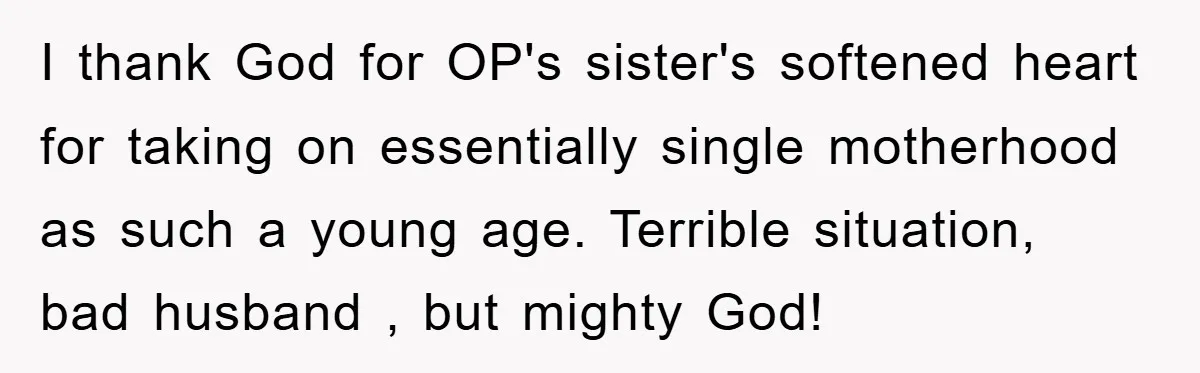 I thank God for OP's sister's softened heart for taking on essentially single motherhood as such a young age. Terrible situation, bad husband , but mighty God!