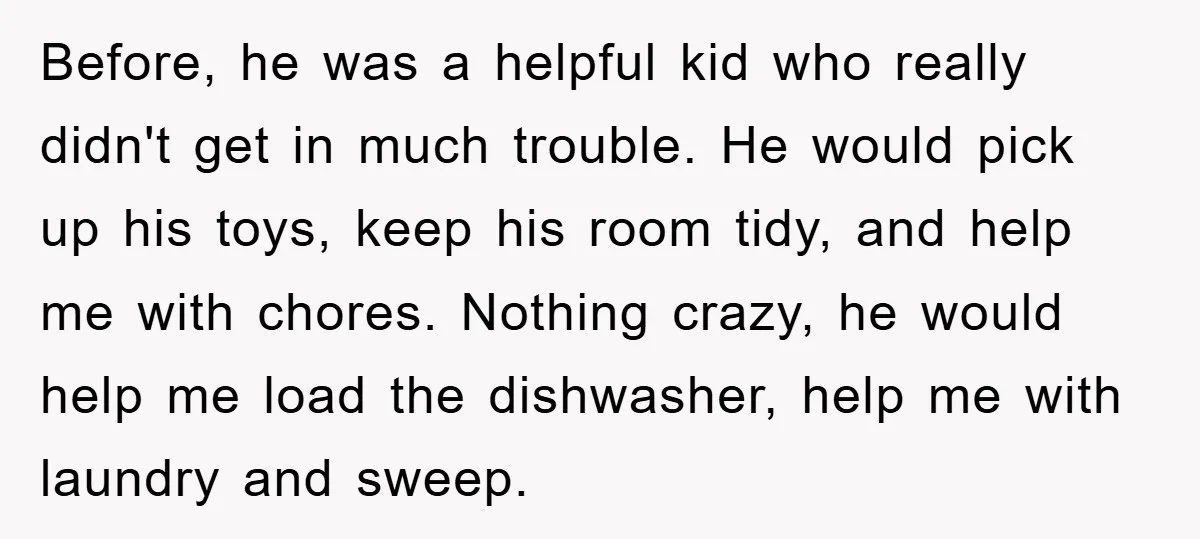 Before, he was a helpful kid who really didn't get in much trouble. He would pick up his toys, keep his room tidy, and help me with chores. Nothing crazy,...