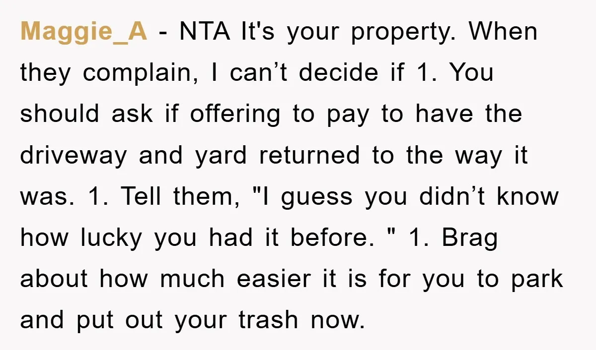 Maggie_A - NTA It's your property. When they complain, I can’t decide if 1. You should ask if offering to pay to have the driveway and yard returned to the...