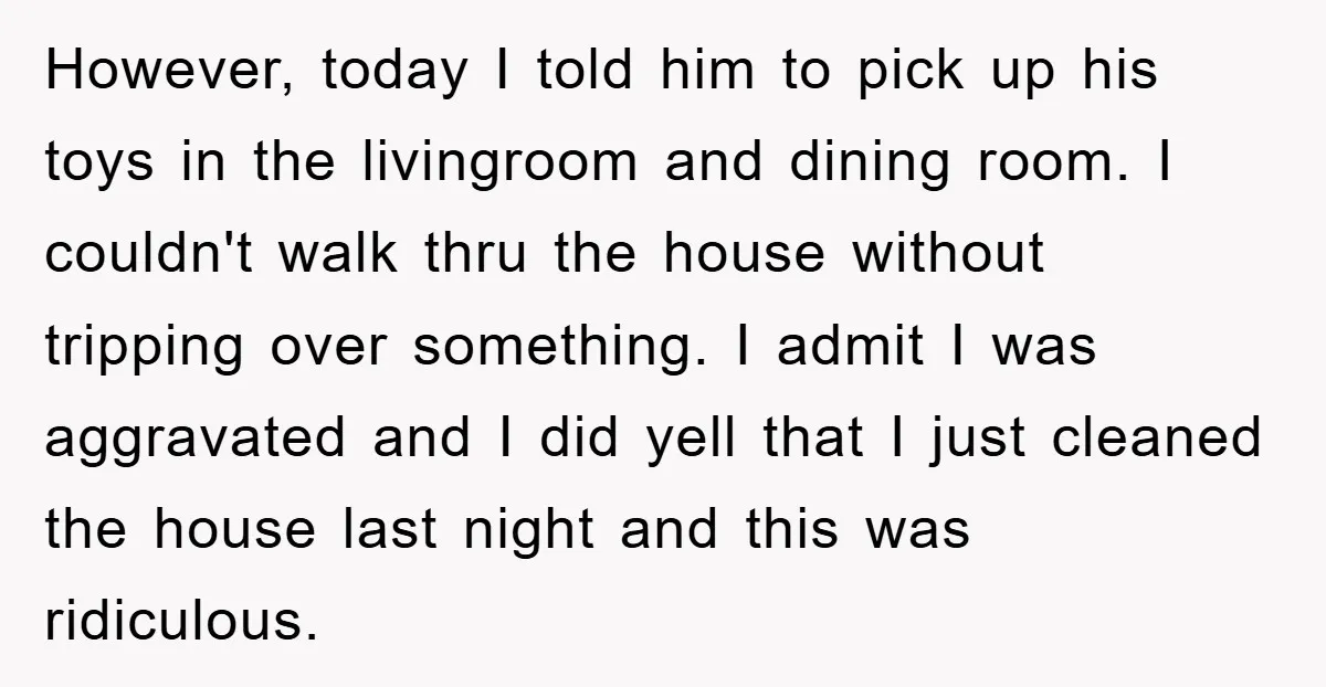 However, today I told him to pick up his toys in the livingroom and dining room. I couldn't walk thru the house without tripping over something. I admit I was...