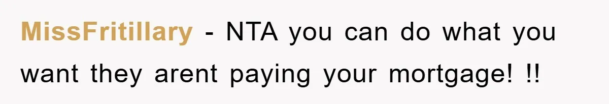 MissFritillary - NTA you can do what you want they arent paying your mortgage! !!