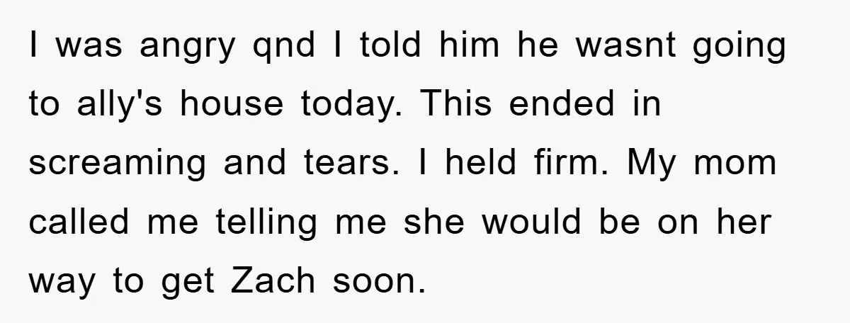 I was angry qnd I told him he wasnt going to ally's house today. This ended in screaming and tears. I held firm. My mom called me telling me she...
