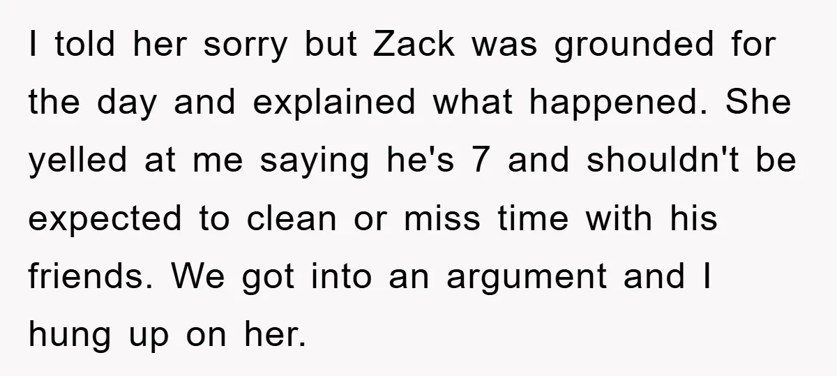 I told her sorry but Zack was grounded for the day and explained what happened. She yelled at me saying he's 7 and shouldn't be expected to clean or miss...
