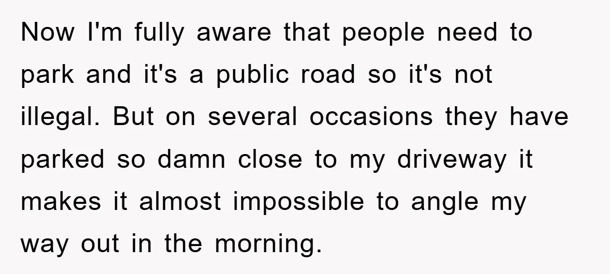 Now I'm fully aware that people need to park and it's a public road so it's not illegal. But on several occasions they have parked so damn close to my...