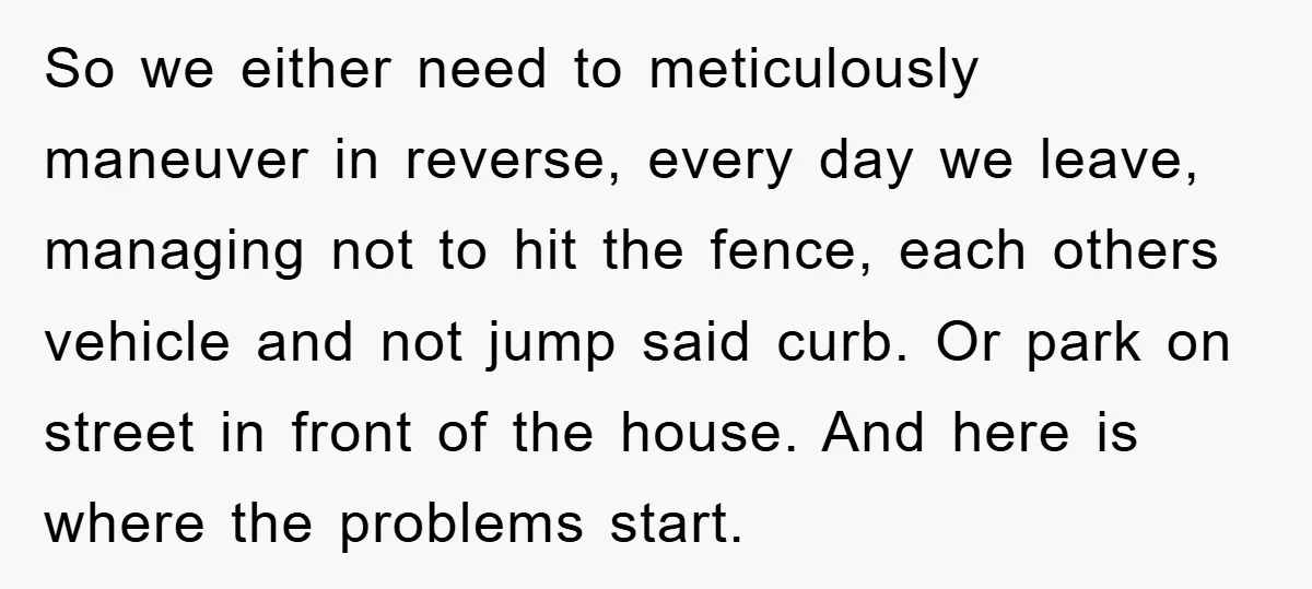 So we either need to meticulously maneuver in reverse, every day we leave, managing not to hit the fence, each others vehicle and not jump said curb. Or park on...