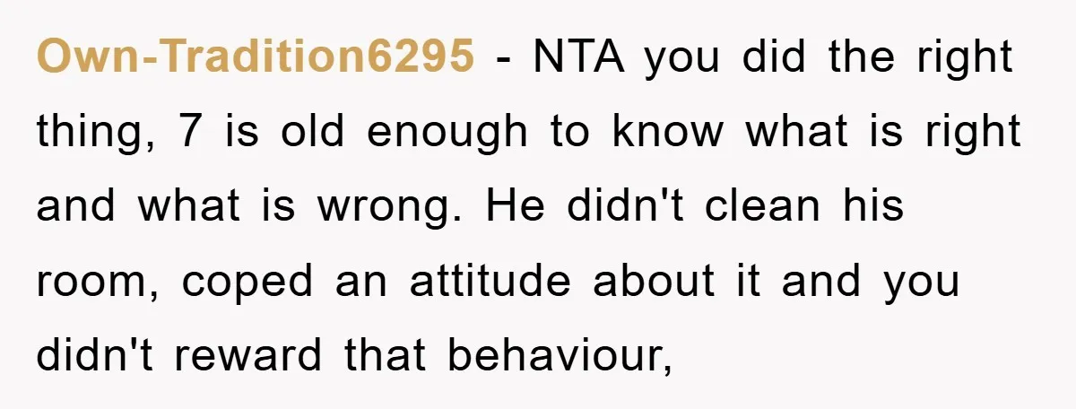 Own-Tradition6295 − NTA you did the right thing, 7 is old enough to know what is right and what is wrong. He didn't clean his room, coped an attitude about...