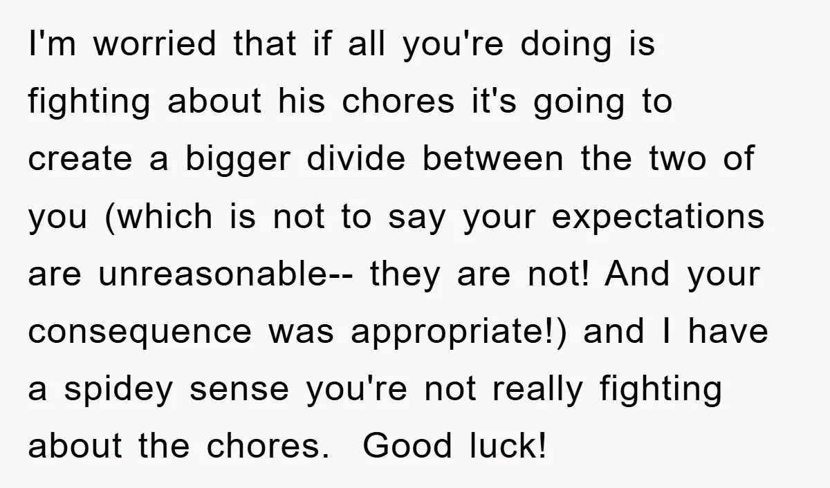 I'm worried that if all you're doing is fighting about his chores it's going to create a bigger divide between the two of you (which is not to say your...