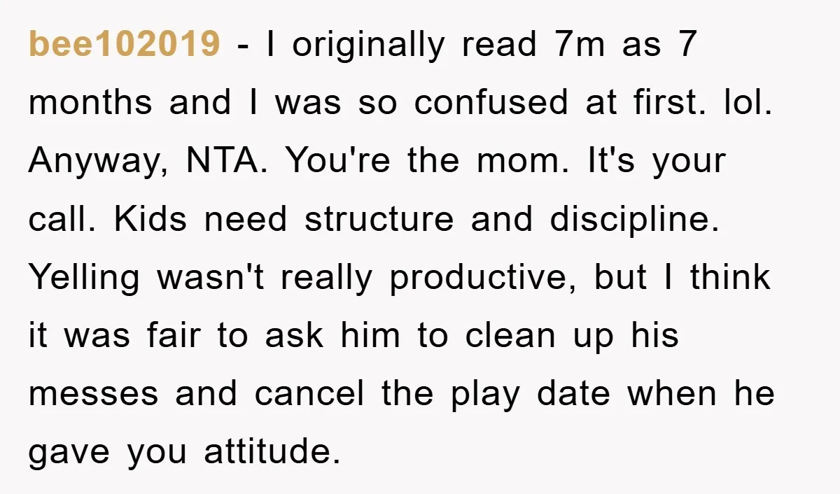 bee102019 − I originally read 7m as 7 months and I was so confused at first. lol. Anyway, NTA. You're the mom. It's your call. Kids need structure and discipline....