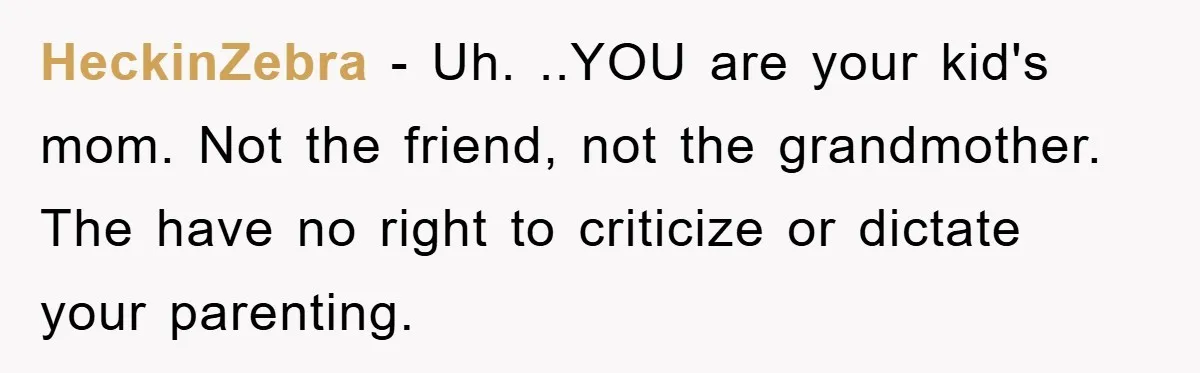HeckinZebra − Uh. ..YOU are your kid's mom. Not the friend, not the grandmother. The have no right to criticize or dictate your parenting.