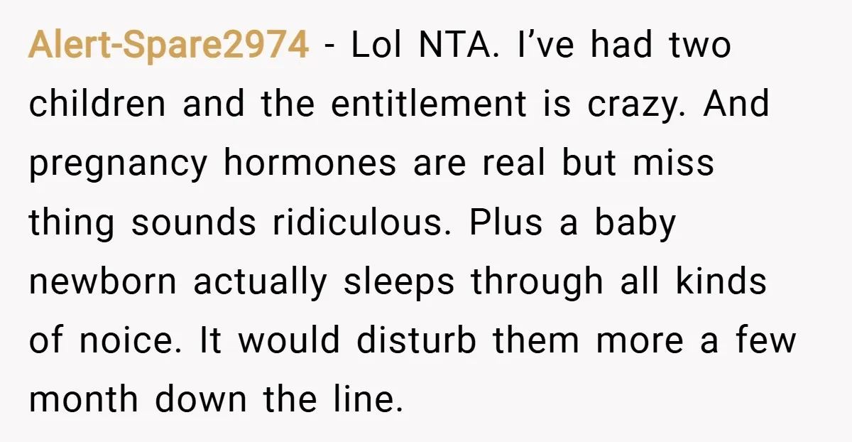 Alert-Spare2974 − Lol NTA. I’ve had two children and the entitlement is crazy. And pregnancy hormones are real but miss thing sounds ridiculous. Plus a baby newborn actually sleeps through...