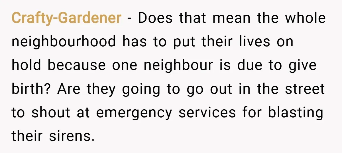 Crafty-Gardener − Does that mean the whole neighbourhood has to put their lives on hold because one neighbour is due to give birth? Are they going to go out in...