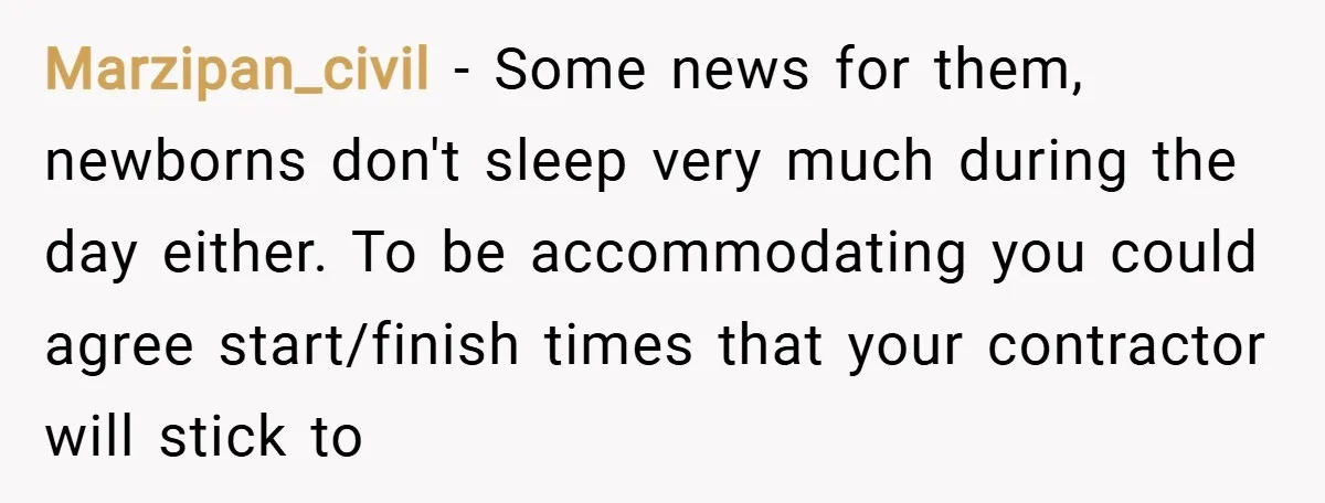 Marzipan_civil − Some news for them, newborns don't sleep very much during the day either. To be accommodating you could agree start/finish times that your contractor will stick to