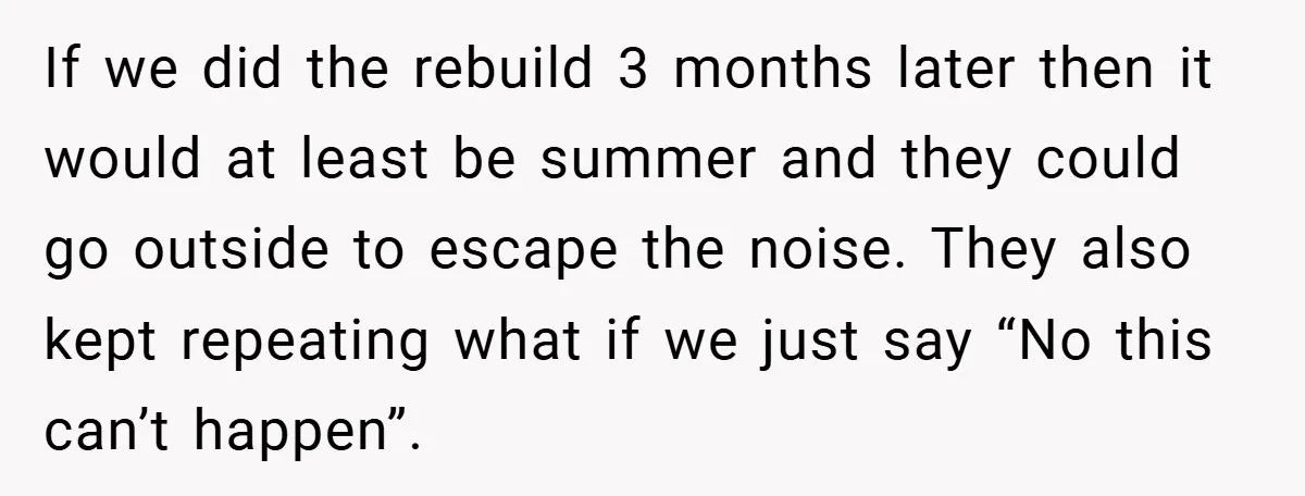 If we did the rebuild 3 months later then it would at least be summer and they could go outside to escape the noise. They also kept repeating what if...