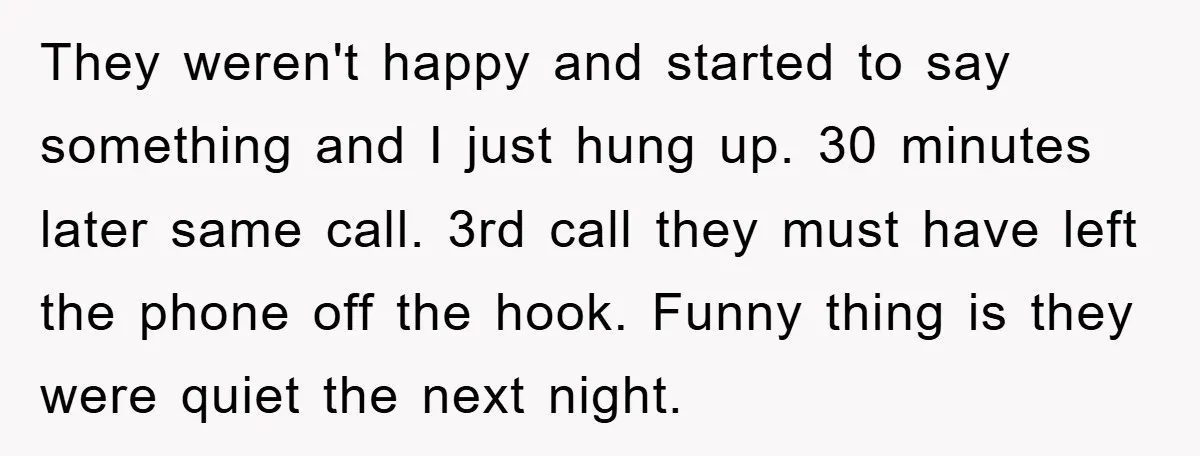 They weren't happy and started to say something and I just hung up. 30 minutes later same call. 3rd call they must have left the phone off the hook. Funny...