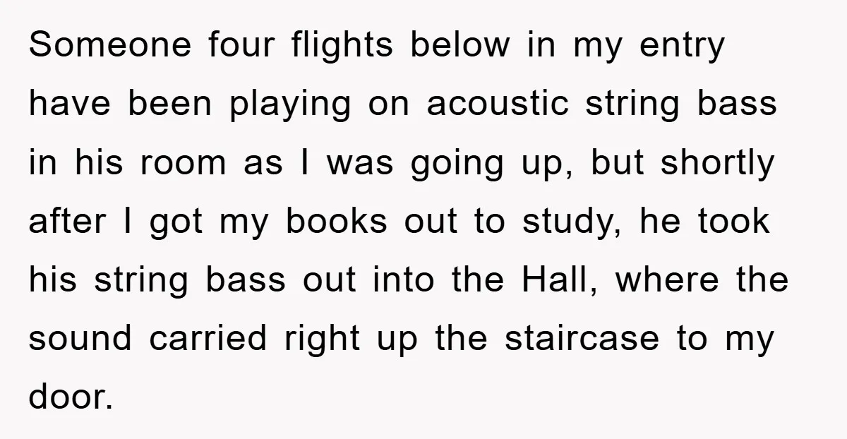 Someone four flights below in my entry have been playing on acoustic string bass in his room as I was going up, but shortly after I got my books out...
