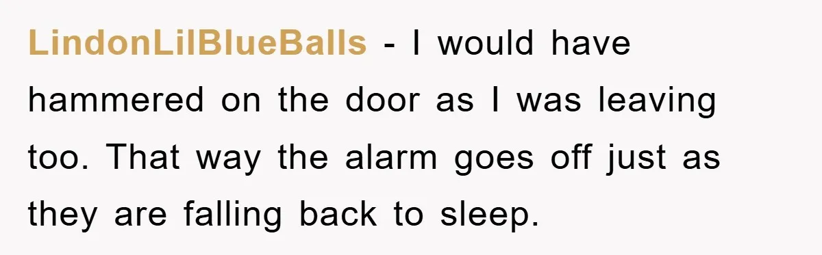 LindonLilBlueBalls − I would have hammered on the door as I was leaving too. That way the alarm goes off just as they are falling back to sleep.