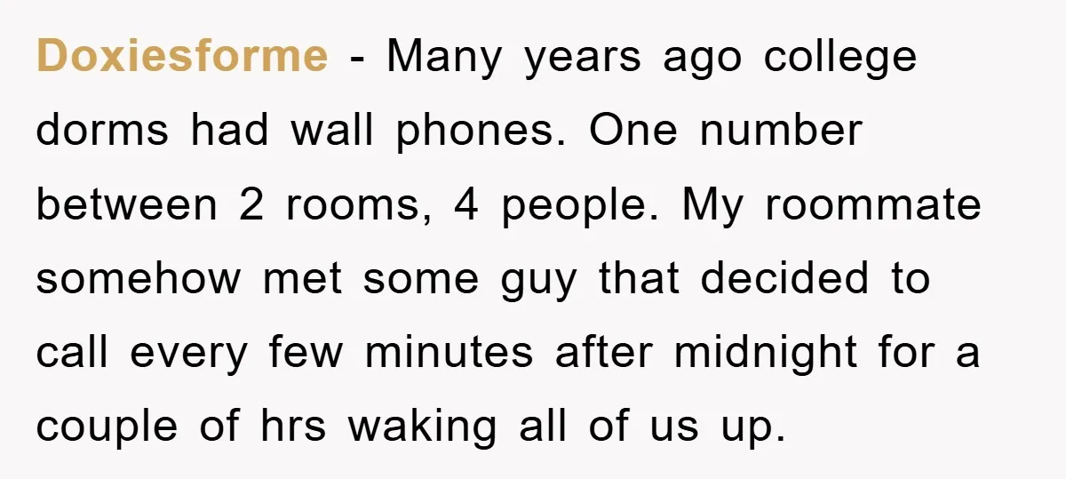 Doxiesforme − Many years ago college dorms had wall phones. One number between 2 rooms, 4 people. My roommate somehow met some guy that decided to call every few minutes...
