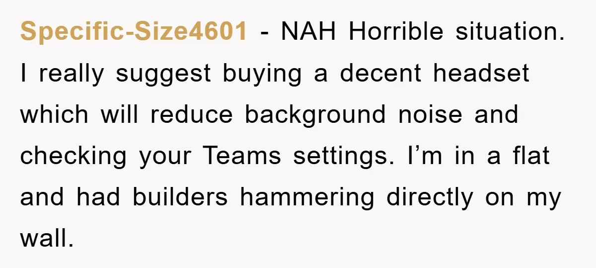 Specific-Size4601 − NAH Horrible situation. I really suggest buying a decent headset which will reduce background noise and checking your Teams settings. I’m in a flat and had builders hammering...