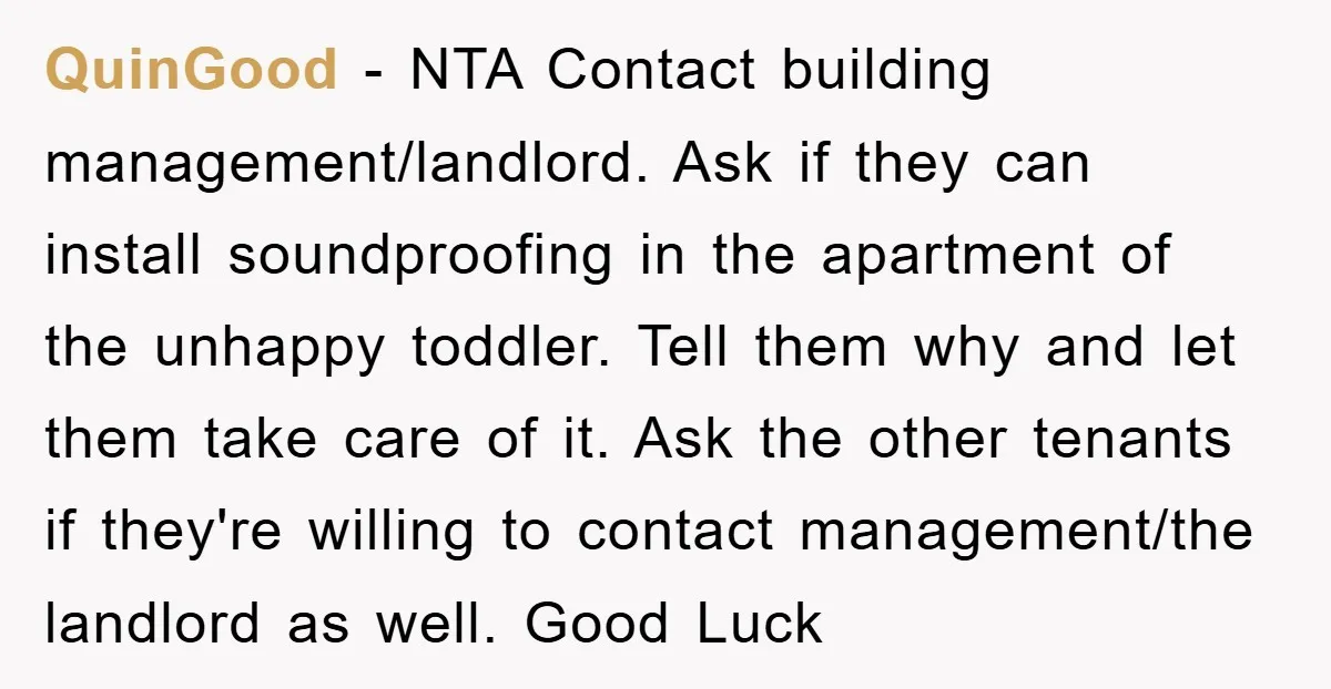 QuinGood − NTA Contact building management/landlord. Ask if they can install soundproofing in the apartment of the unhappy toddler. Tell them why and let them take care of it. Ask...