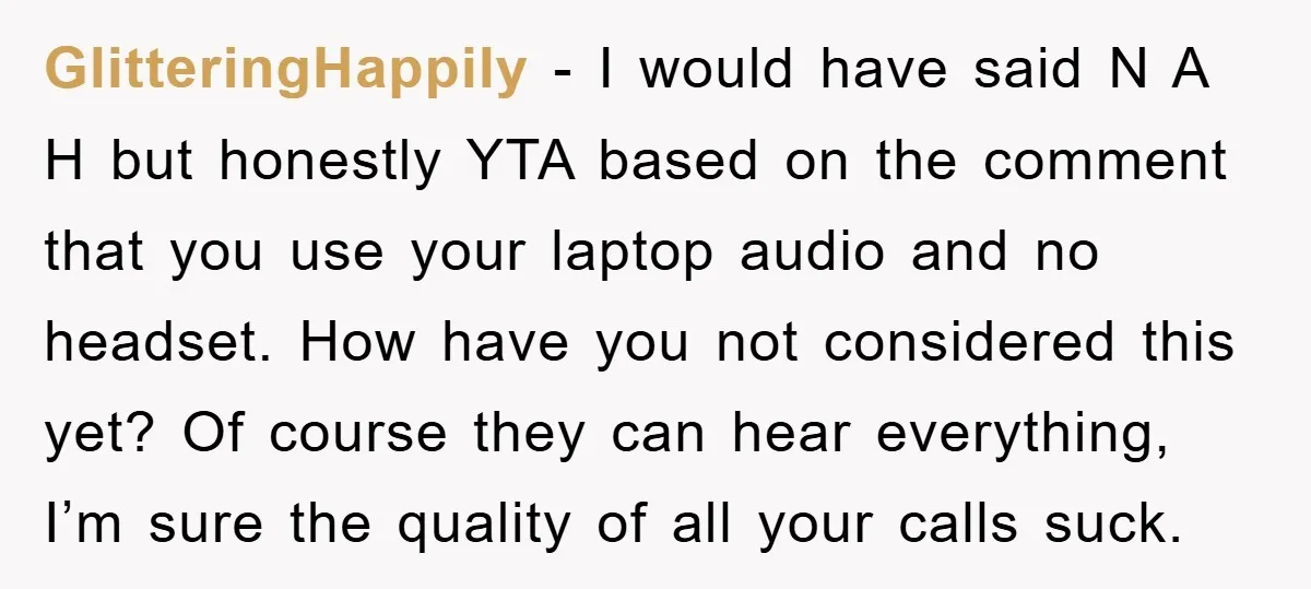 GlitteringHappily − I would have said N A H but honestly YTA based on the comment that you use your laptop audio and no headset. How have you not considered...