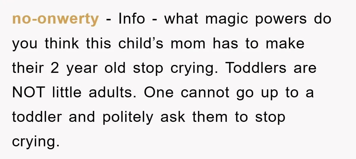 no-onwerty − Info - what magic powers do you think this child’s mom has to make their 2 year old stop crying. Toddlers are NOT little adults. One cannot go...