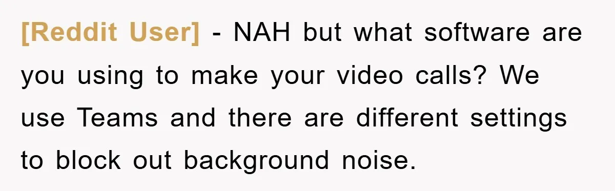 [Reddit User] − NAH but what software are you using to make your video calls? We use Teams and there are different settings to block out background noise.