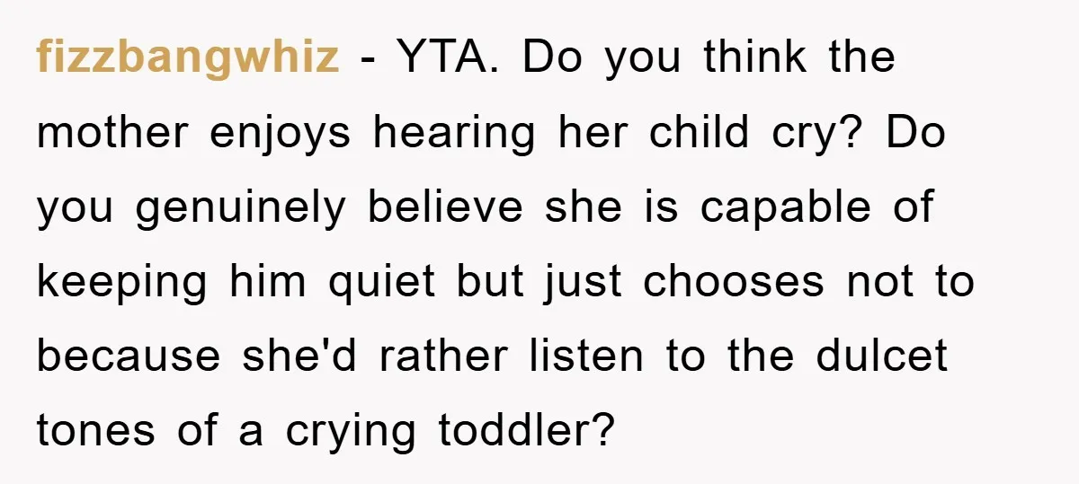 fizzbangwhiz − YTA. Do you think the mother enjoys hearing her child cry? Do you genuinely believe she is capable of keeping him quiet but just chooses not to because...