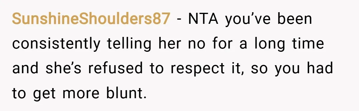 SunshineShoulders87 − NTA you’ve been consistently telling her no for a long time and she’s refused to respect it, so you had to get more blunt.